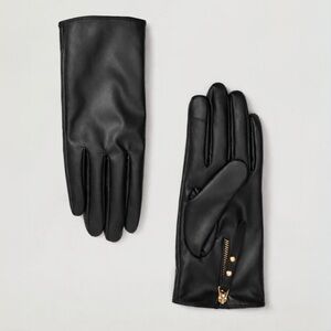Mango Black Faux Leather Gloves w/ Gold Zip Detail | Size S